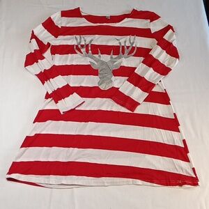 Feiyi Women's Long Sleeve Red and White Striped Large Tunic Reindeer